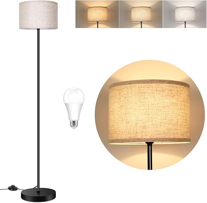 TOBUSA 65’’ Floor Lamp for Living Room Bedroom with 3CCT LED Bulb, Modern Standing Lamp Drum Shade, Standing Lamp with Foot Switch Black Pole, Dimmable Simple Design Stand Up Lamp for Office Reading