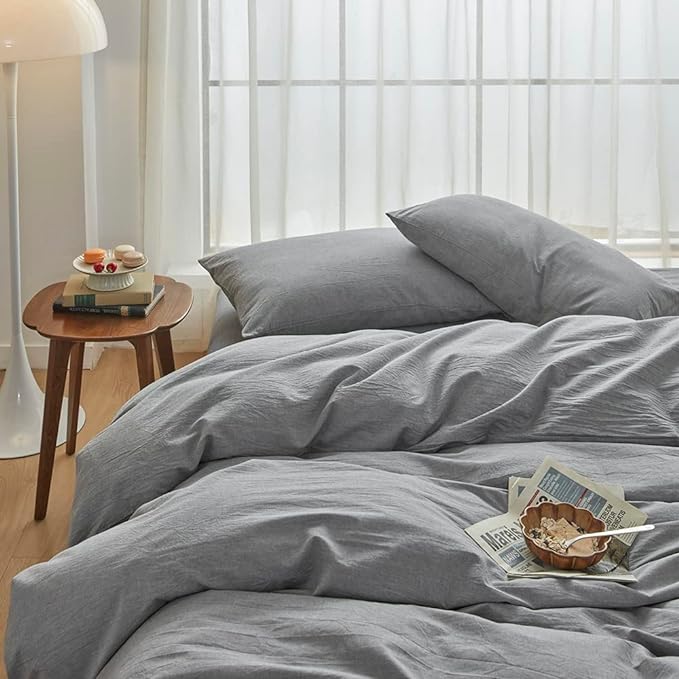 FACE TWO FACE Bedding Duvet Cover Set100% Washed Cotton Duvet Cover Linen Like Textured Breathable Durable Soft Comfy (Twin, Light Grey)