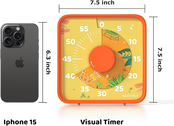 Secura 7.5-Inch Animal Pattern Visual Timer for Kids, 60-Minute Countdown Timer for Classroom or Kitchen, Durable Mechanical Timer Clock with Magnetic Backing (Orange)