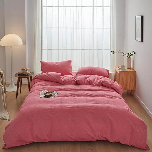 FACE TWO FACE Bedding Duvet Cover Set100% Washed Cotton Duvet Cover Linen Like Textured Breathable Durable Soft Comfy (King, Red)