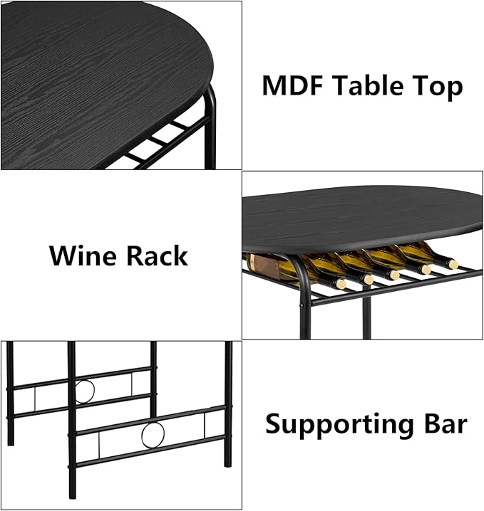 VINGLI 3 Piece Dining Set,Small Kitchen Table Set for 2,Breakfast Table Set,Kitchen Wooden Table and 2 Chairs for Small Space/Dining Room/Apartment,Metal Frame,Wine Rack,Black