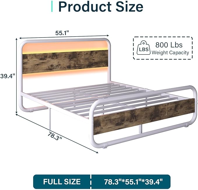 Catrimown Full Size Bed Frame, Metal Full Bed Frame with LED Headboard and Footboard, Heavy Duty Wooden Platform Bed Frame with Under Bed Storage, Noise Free, No Box Spring Needed, White