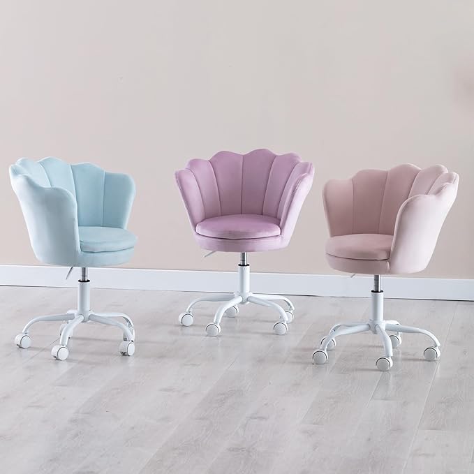 Pink Kids Desk Chair, Cute Velvet Adjustable Children Desk Chair Rolling Study Armchair Upholstered Computer Chair Shell Back 360° Swivel Vanity Chair for Teen Boys Girls Bedroom Study
