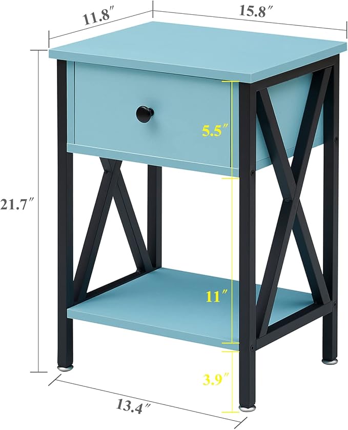 VECELO Nightstand,Modern Bedside End Table, Night Stand with Drawer and Storage Shelf for Living Room Bedroom, Industrial Metal Frame