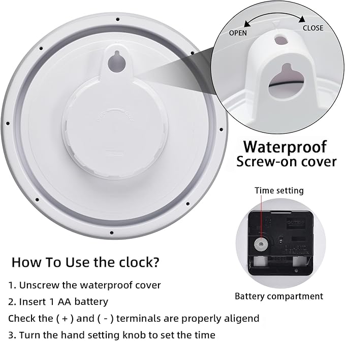 Caysie 12 Inch Sealed Indoor Outdoor Waterproof Wall Clock, Durable Silent Non-Ticking Battery Operated Quality Quartz Round Clock, Wall Decorative for Patio, Pool, Bathroom (White)