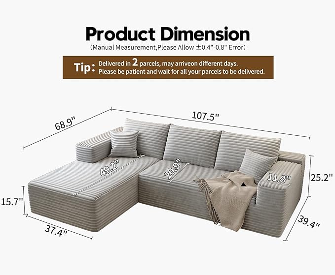 107.5" Cloud Sectional Couch with L-Shape Chaise,Modern Modular Sofa with Deep Seat, Upholstered Couches for Living Room Bedroom Apartments,No Assembly Required, (Grey,Left Facing Chaise)