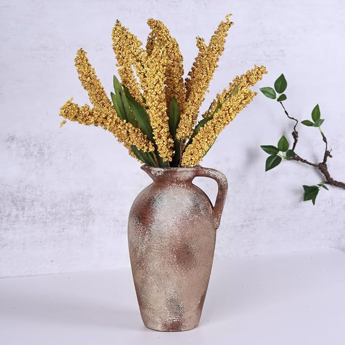 Rustic Farmhouse Ceramic Vase, 9.2" Tall Vintage Pottery Vases, Terracotta Decorative Boho Pampas Flower Vase, Suitable for Home Decor Living Room Entryway Table Bookshelf Mantle Shelf Decor