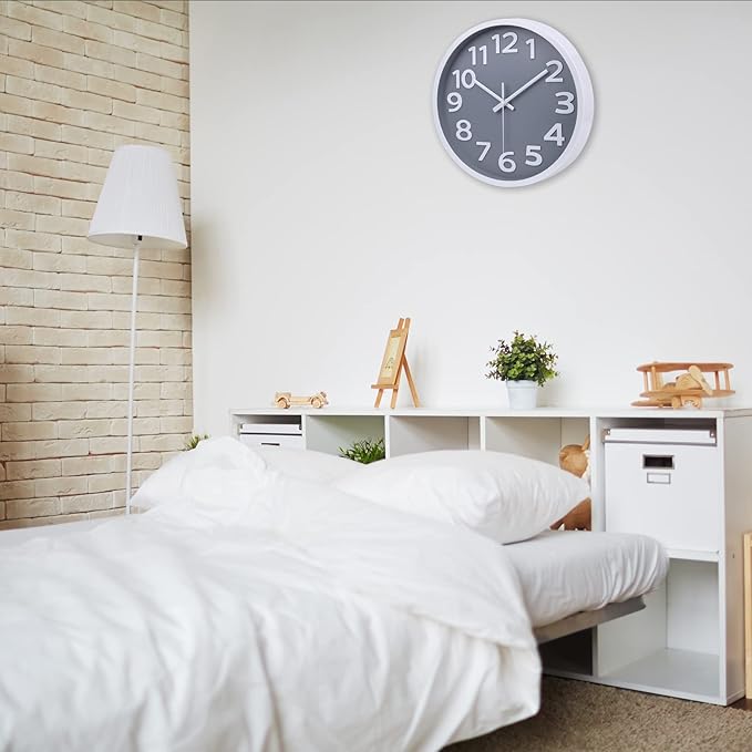 Wall Clock 12 Inch Silent Non-Ticking Battery Operated Clock Big Numbers Easy to Read Wall Clocks Decorative for Bathroom Office Kitchen Bedroom (Gray)