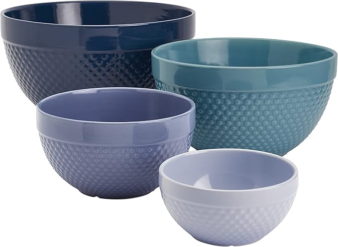 TTU Tabletops Gallery Hobnail Style 4 Piece Blue Storm Stoneware Nesting Mixing Bowl Set for Baking and Cooking