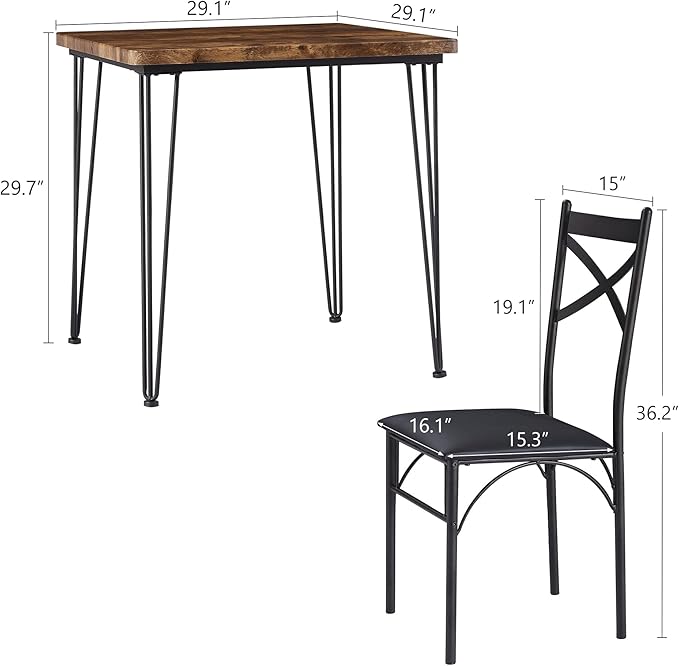 VECELO 3-Piece Dining Room Kitchen Table and Pu Cushion Chair Sets for Small Space, 2, Classic Brown,Dining Set for 2