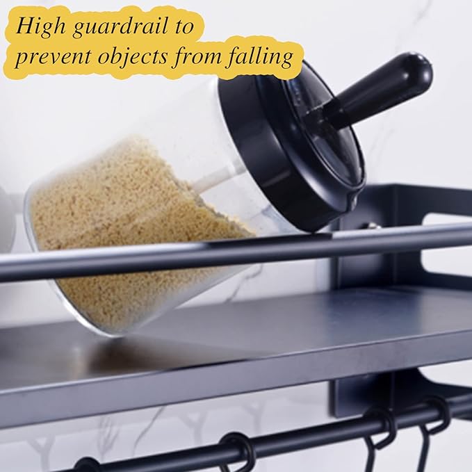 Wall Mount Storage Holder,Stainless Steel Strong Shelf with 6 Removable Hooks, Spice Rack Organizer,Kitchen Organizer Shelf, Space Saving Spice Rack and Kitchen Storage (black)