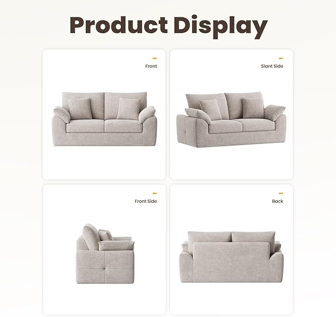 76" Boneless Loveseat Sofa, Cloud Foam Couch, 3 Seater Upholstered Midcentury Mondern Love Seat, Wide Armrest and 4 Pillows for Home Living Room/Small Spaces, No Assembly Required, Camel