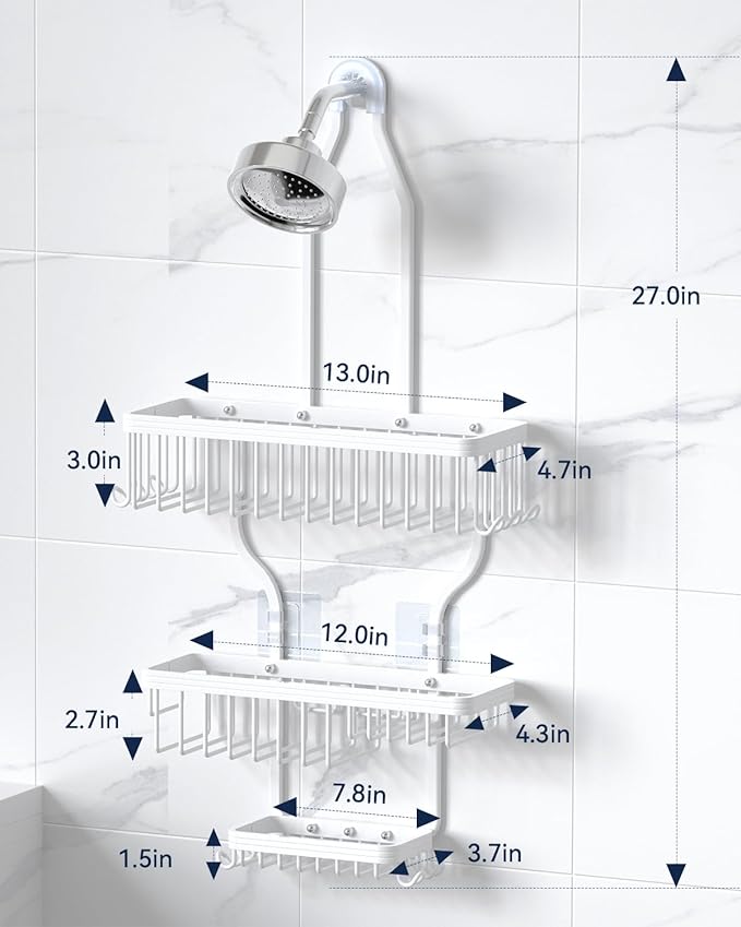 YASONIC Shower Caddy Hanging - Never Rust Shower Organizer - Aluminum over The shower head caddy with 10 Hooks for Razor/Sponge - Shower Rack with Soap Basket - White