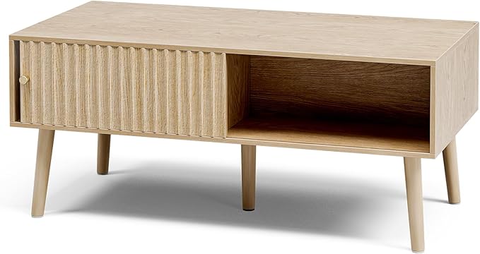 Coffee Table with Storage, Boho Dining Table with Sliding Fluted Door and Solid Wood Legs, Small Coffee Tables for Living Room, Oak