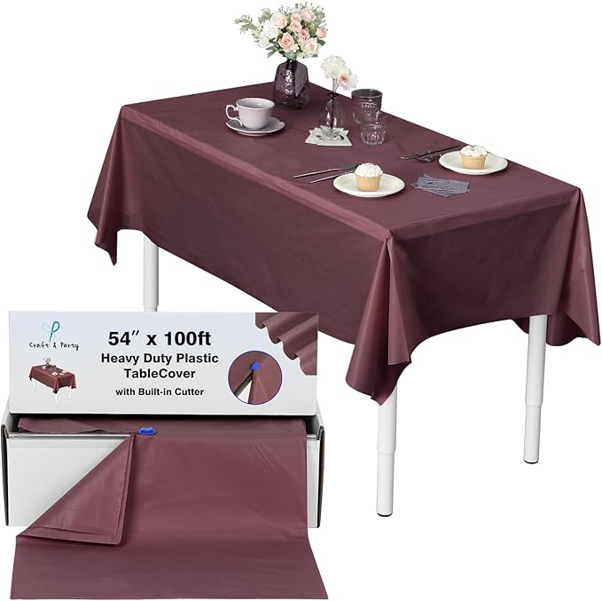 Craft And Party, 54 in x 100 feet Plastic Table Cover Roll for Party, Banquet, Picnic, Kids Activities for Any Size and Shape Table (Brown, 54" x 100ft)