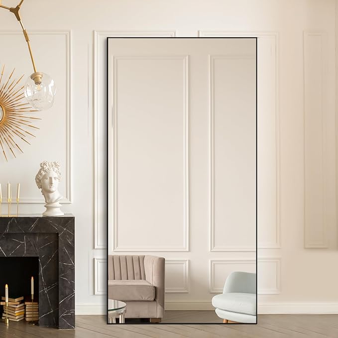 Beauty4U 76" x 34" Large Full Length Mirror with Stand, Black Wall Mounting Full Body Tempered Mirror, Metal Frame Full-Length Mirror for Living Room, Bedroom