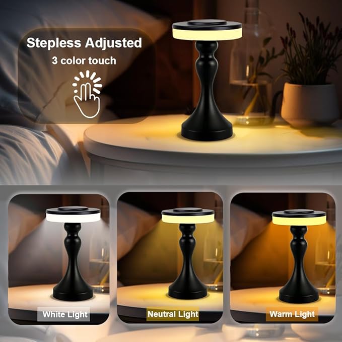 Portable Metal LED Table Lamp,Cordless Battery Table Lamp,3 Color Touch Control Rechargeable Desk Lamp,3-Levels Brightness Bedside Battery Lamp,Night Light for Kids Nursery,Dining Room Lamp