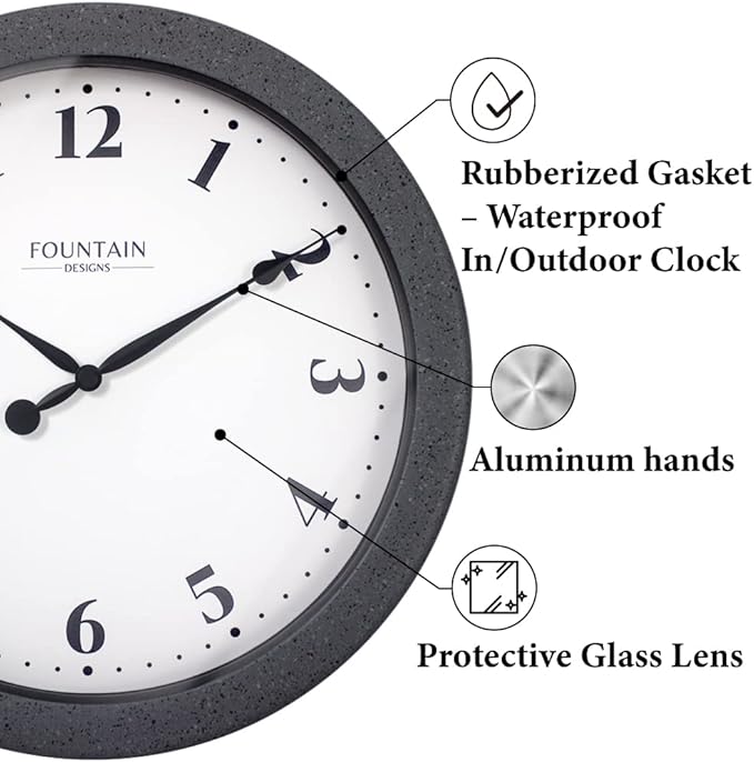 Nordic 10.4 Inch Small Indoor/Outdoor Clock, Waterproof & Weatherproof Clock for Bathroom,Patio and Pool,Modern Style,Gray Sandstone Finish