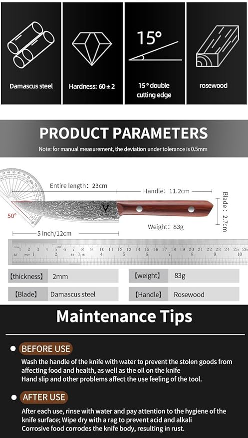 4.7" Paring Knife Damascus Steel Fruit Knives - 67-Layer Forged Kitchen Peeling Knife with Natural Solid Wood Handle Kitchen Utility Knives, 15° Double-Edged Blade, Ultra-Sharp & Durable