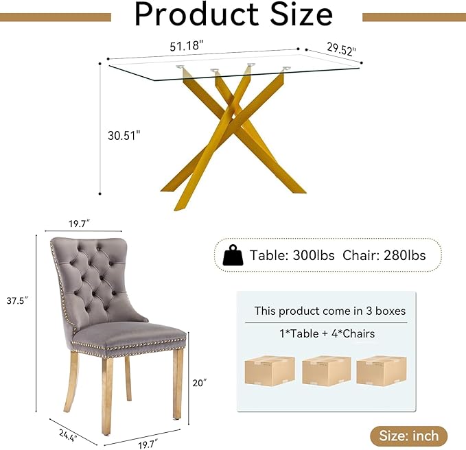 Goujxcy Glass Dining Table Set for 4, Modern Kitchen Table and Chairs Set of 4, 5-Piece Kitchen Dining Room Table Set w/51 Glass Gold Dining Table and 4 Beige Velvet Upholstered Chairs