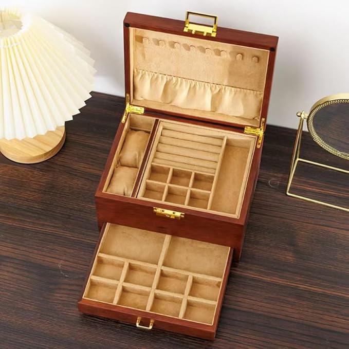 Bescott 3 Layer Solid Wooden Jewelry Box for Women Real Wood Vintage Jewelry Organizer Storage for Earrings Rings Necklaces Bracelet Watch Men