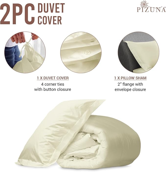 Pizuna Pure 100% Cotton Twin Duvet Cover Set, Luxurious 400 Thread Count Long Staple Cotton Sateen Weave with Button Closure (Combed Off White Cotton Duvet Cover Twin)