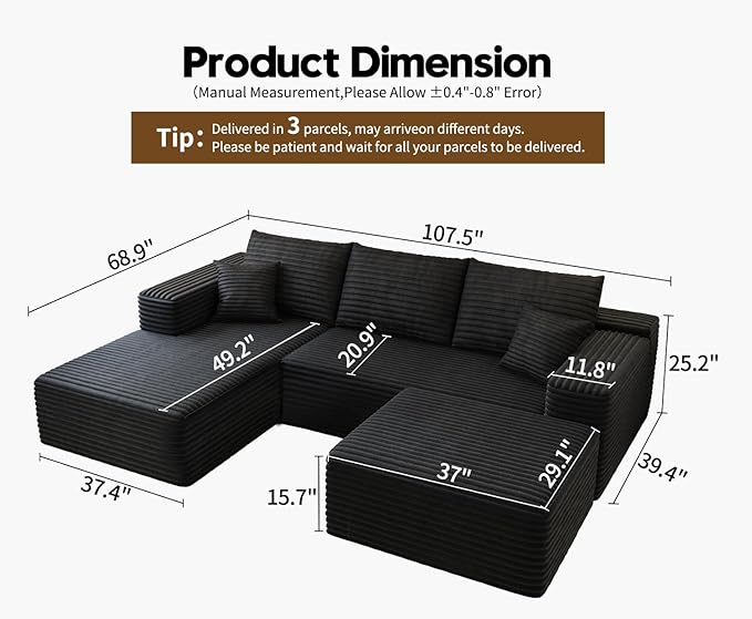 107.5" Cloud Sectional Couch with 1 Ottoman,Modern Modular Sofa with Deep Seat, Comfort U Shaped Sofa Couches for Living Room Bedroom Apartments,No Assembly Required, (Black,Left Facing Chaise)