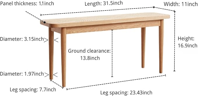 31.5'' Natural Rattan Dining Bench with 100% Solid Oak Wood Bench Frame, Bed End Shoe Ottoman for Kitchen Bedroom Entryway, Natural Oak