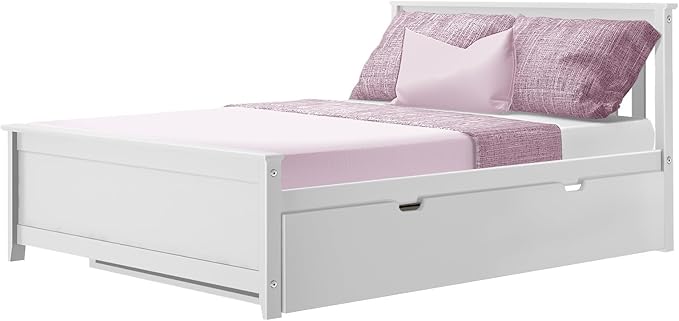 Max & Lily Full Bed, Wood Bed Frame with Headboard For Kids with Trundle, Slatted, White