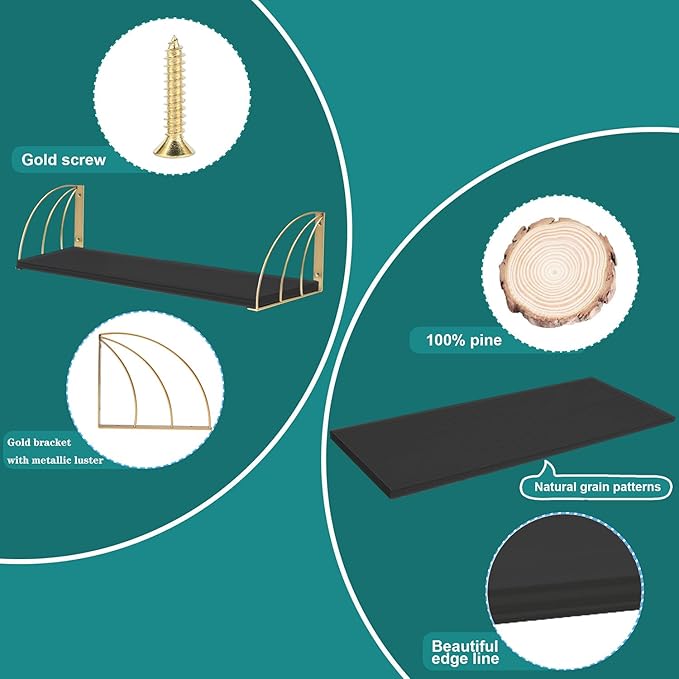 Wall Bookshelf Black Gold Floating Shelves Pine Wood Large 31.5×7.87 Inch Floating Bookshelf with Elegant Lines,Book Shelf for Wall,Black and Gold Shelves Set of 2.