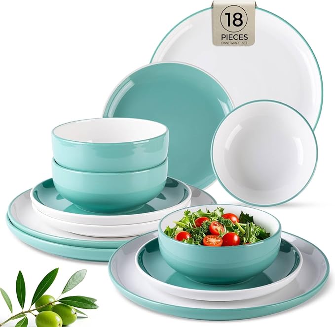 GBHOME 18 Pieces Ceramic Dinnerware Set, Modern White Dish Set for 6,Scratch Resistant Smooth Plates and Bowls Sets,Oven Safe,Microwave & Dishwasher