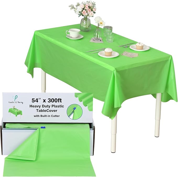 Craft And Party, 54" Plastic Table Cover Roll for Party, Banquet, Picnic, Kids Activities for Any Size and Shape Table (Apple Green, 54" x 300ft)