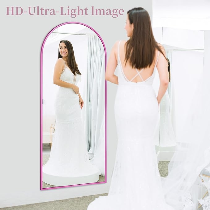 Full Length Mirror with Stand, 58"x18" Arched Full Body Mirror, Large Stand Up Aluminum Frame Floor Freestanding Hanging Leaning Mounted for Bedroom Living Room Entryway Pink