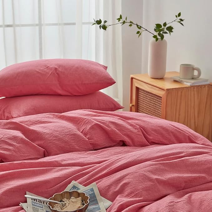 FACE TWO FACE Bedding Duvet Cover Set100% Washed Cotton Duvet Cover Linen Like Textured Breathable Durable Soft Comfy (Full,Red)