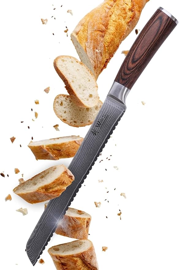 Wakoli Long Bread Knife, 9.1-inch Blade Damascus Chef Knife made from 67 Layers of Damascus Steel with VG10 Core, Sharp Kitchen Knives with Pakkawood Handle, Chefs Knifes for Breads in Gift Box (EDIB)