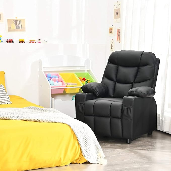GLACER Kids Recliner Chair w/Cup Holder& Side Pockets, Children Recliner w/Comfortable Backrest, Armrests & Footrest, Toddler PU Leather Recliner for Boys Girls, 3+ Age Group, Black