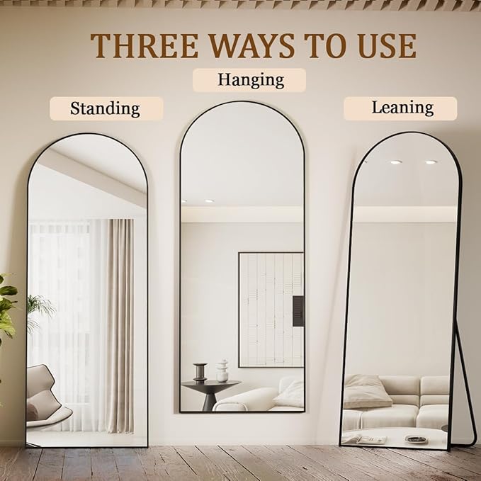 Koonmi Arched Full Length Mirror, 65"x24" Arched Black Floor Mirror, Standing Hanging or Leaning Full Body Mirror with Aluminum Alloy Frame for Living Room and Bedroom