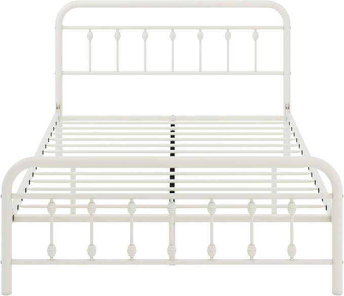 Allewie 14 Inches Queen Size Metal Platform Bed Frame with Victorian Style Iron-Art Headboard/Footboard, Mattress Foundation, Easy Assembly, Under Bed Storage, No Box Spring Required, White