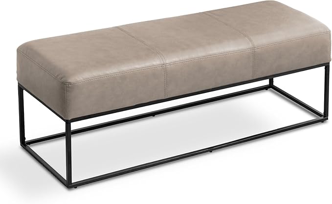 Leather Entryway Bench, Modern Long Leather Ottoman Bench Seat with Metal Frame, 47'' Upholstered Bedroom Bench for Living Room Entryway Window, Taupe