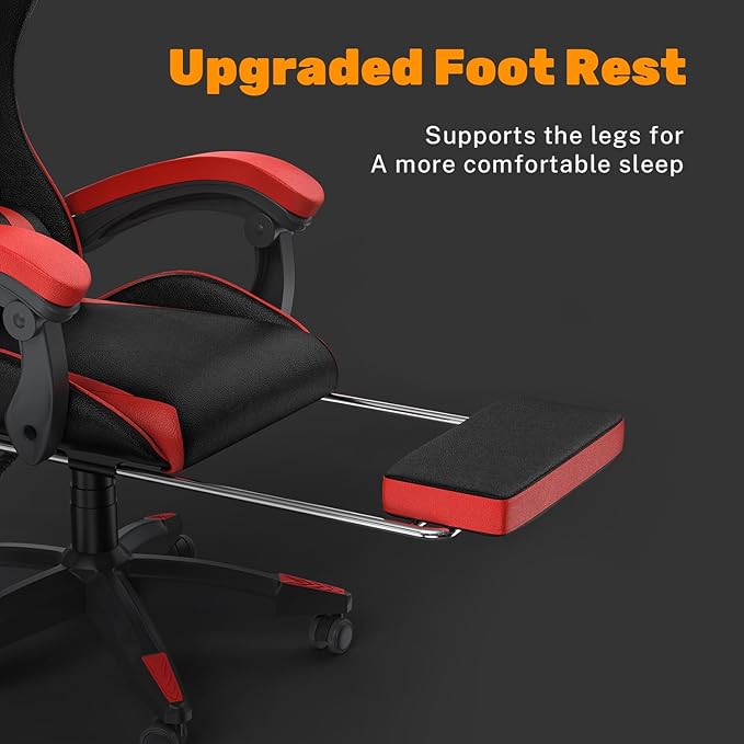 Gaming Chair with Footrest, High Back Ergonomic Computer Gamer Chair with Headrest and Lumbar Support, Racing Style Reclining Game Chair for Adults, Kids (Red-Black)
