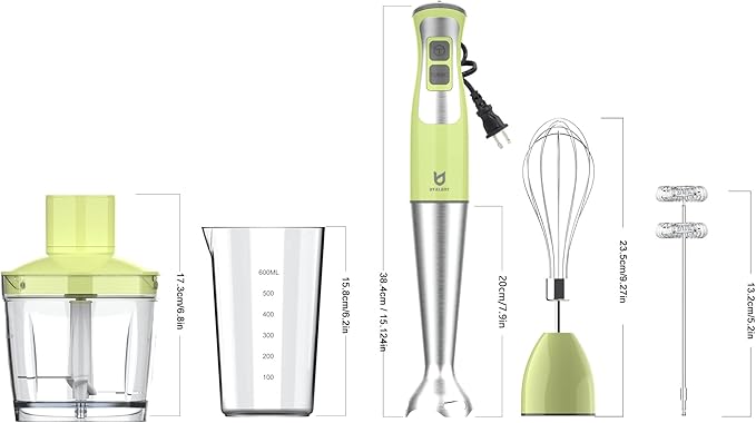 Immersion Hand Blender, UTALENT 5-in-1 8-Speed Stick Blender with 500ml Food Grinder, BPA-Free, 600ml Container,Milk Frother,Egg Whisk,Puree Infant Food, Smoothies, Sauces and Soups - Green