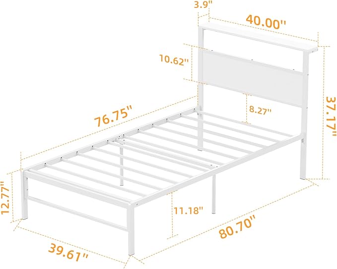 Weehom Twin Bed Frames for Kids, Twin Size Bed Frames with Wood Headboard Shelf - No Box Spring Needed White Metal Platform Bed for Girls, Boys and Students