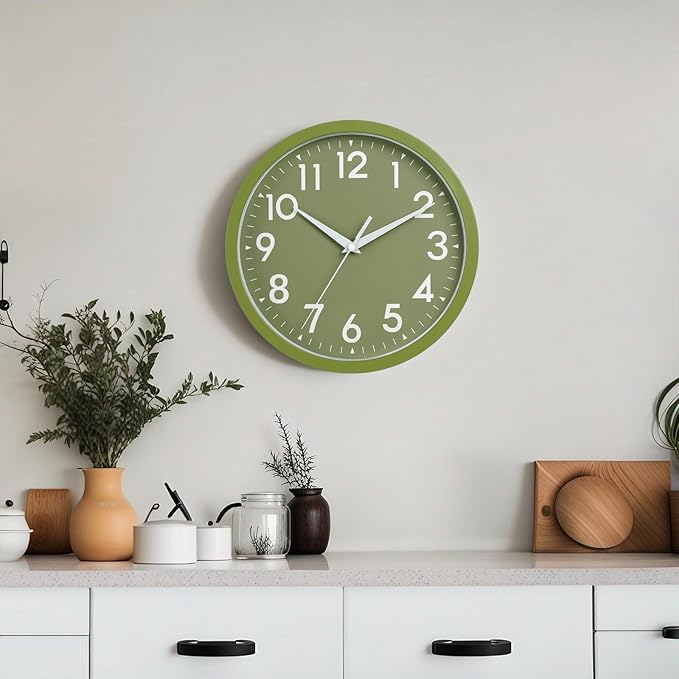 Wall Clock Analog 10 Inch Simple Silent Non Ticking Battery Operated Modern Decorative for Kitchen Office Bedroom Bathroom Living Room(Olive Green)
