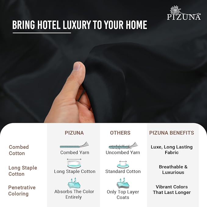 Pizuna 100% Cotton Twin 2 Pc Duvet Cover + 1 Pc Fitted Sheet Set 400 Thread Count Black Sateen Weave Luxurious Long Staple Cotton 4 Piece Bedding Set - 1 Duvet Cover, 1 Pillow Sham, 1 Fitted Sheet
