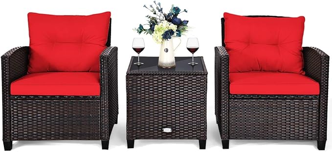 Tangkula 3 Pieces Patio Furniture Set, PE Rattan Wicker 3 Pcs Outdoor Sofa Set w/Washable Cushion and Tempered Glass Tabletop, Conversation Furniture for Garden Poolside Balcony (Red)