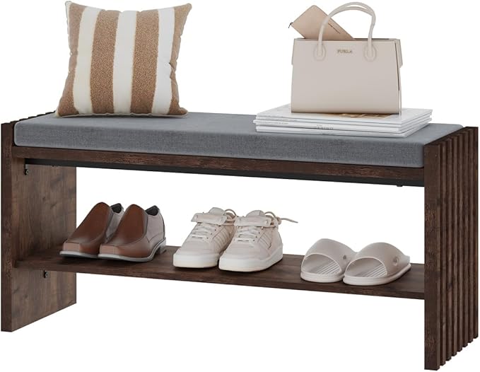 BON AUGURE Entryway Bench with Shoe Storage, 2-Tier Shoe Rack Bench with Cushion, Wood Benches for Bedroom, Living Room, Mudroom, Hall (Rustic Oak, 40 in Wide)