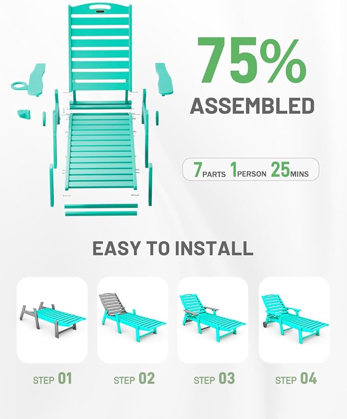 Lounge Chair Outdoor Set of 2, HDPE Chaise Chair Outdoor with 6-Position & Wheels &Cup Holder, Pool Lounge Chair for Pool Poolside Deck Backyard Patio, Lake Blue