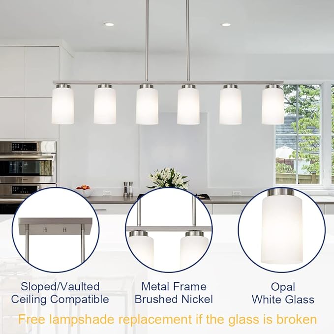 6-Lights Farmhouse Pendant Light Fixture Kitchen Island Lights with Opal White Glass Shade, Hanging Ceiling Light in Brushes Nickel for Dining Room Home Lighting