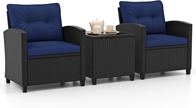 RELAX4LIFE 3-Piece Patio Furniture Set - Wicker Rattan Bistro Sofa w/Glass Top Coffee Table, Washable Cushions for Porch Balcony Backyard Poolside, Outdoor Conversation Set (Navy)