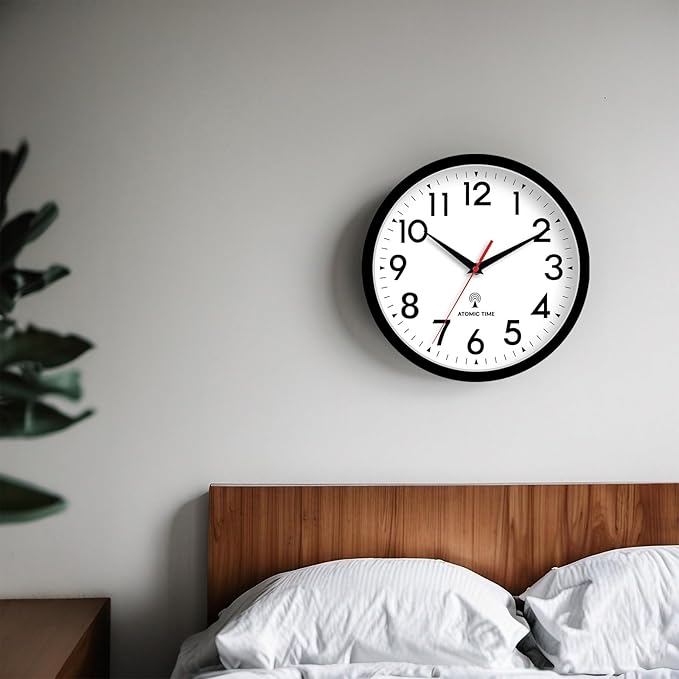 Atomic Wall Clock Analog 10 Inch Battery Operated Modern Decorative for Living Room Kitchen Office Bedroom Bathroom(Black)